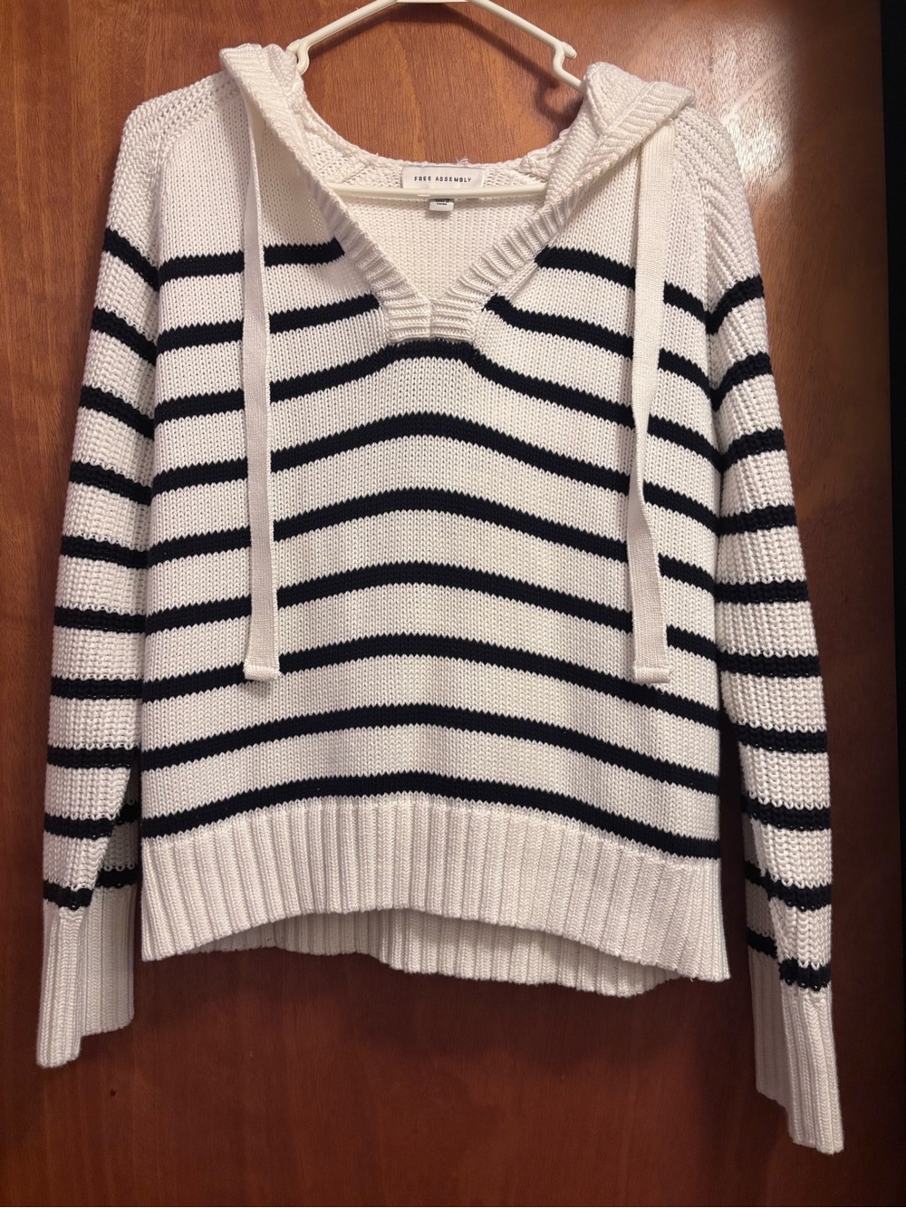 Striped V-Neck Hooded Sweater in White & Black - Free Assembly